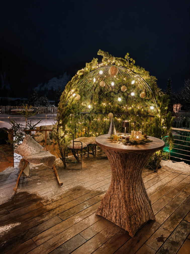 Sitzmöglichkeiten auf der Wirtshausterrasse im Jungbrunn im Winter